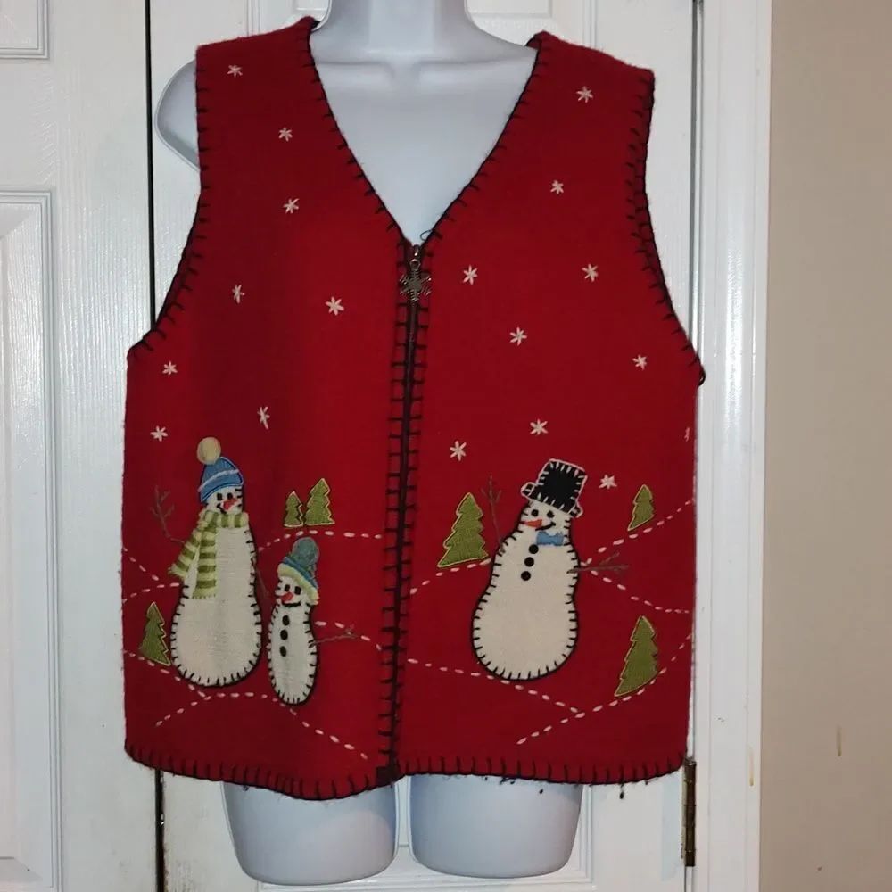 Coldwater Creek 100% wool winter snowmen holiday vest Sz L